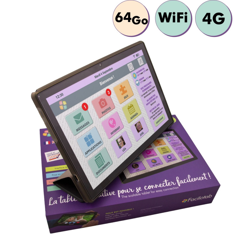 Facilotab L Rubis - WiFi/4G - 64 Go - Android 11 - Etui - Tablette  simplifiée pour Seniors