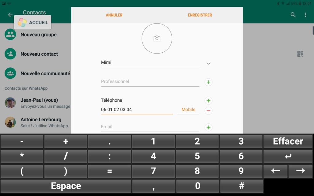 WhatsApp création contact
